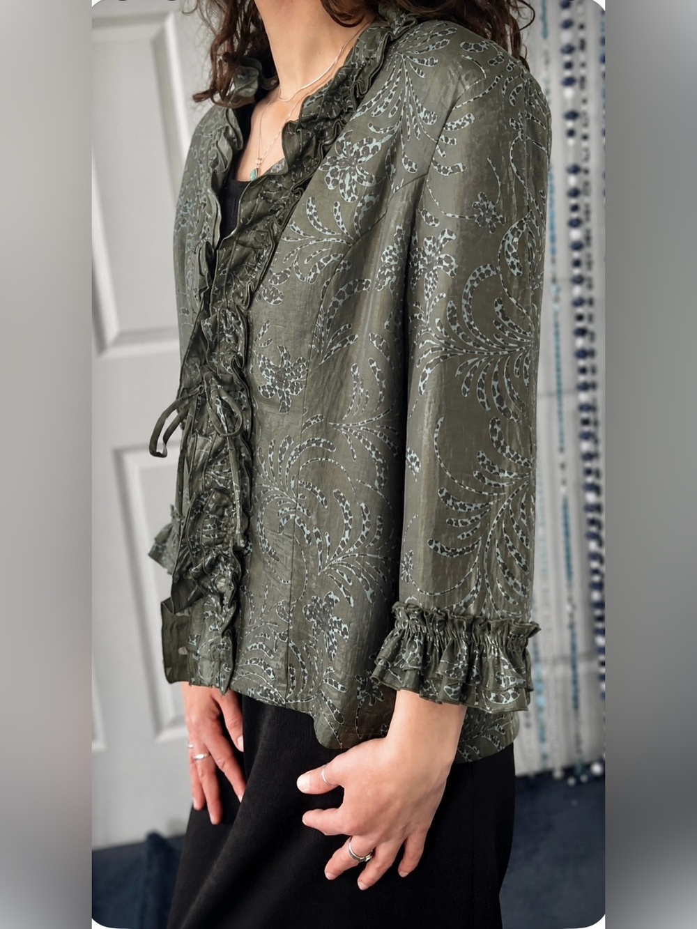 Vintage 1990s Olive Botanical Jacket • Ruffle Trim & Tie Front • Polka dots